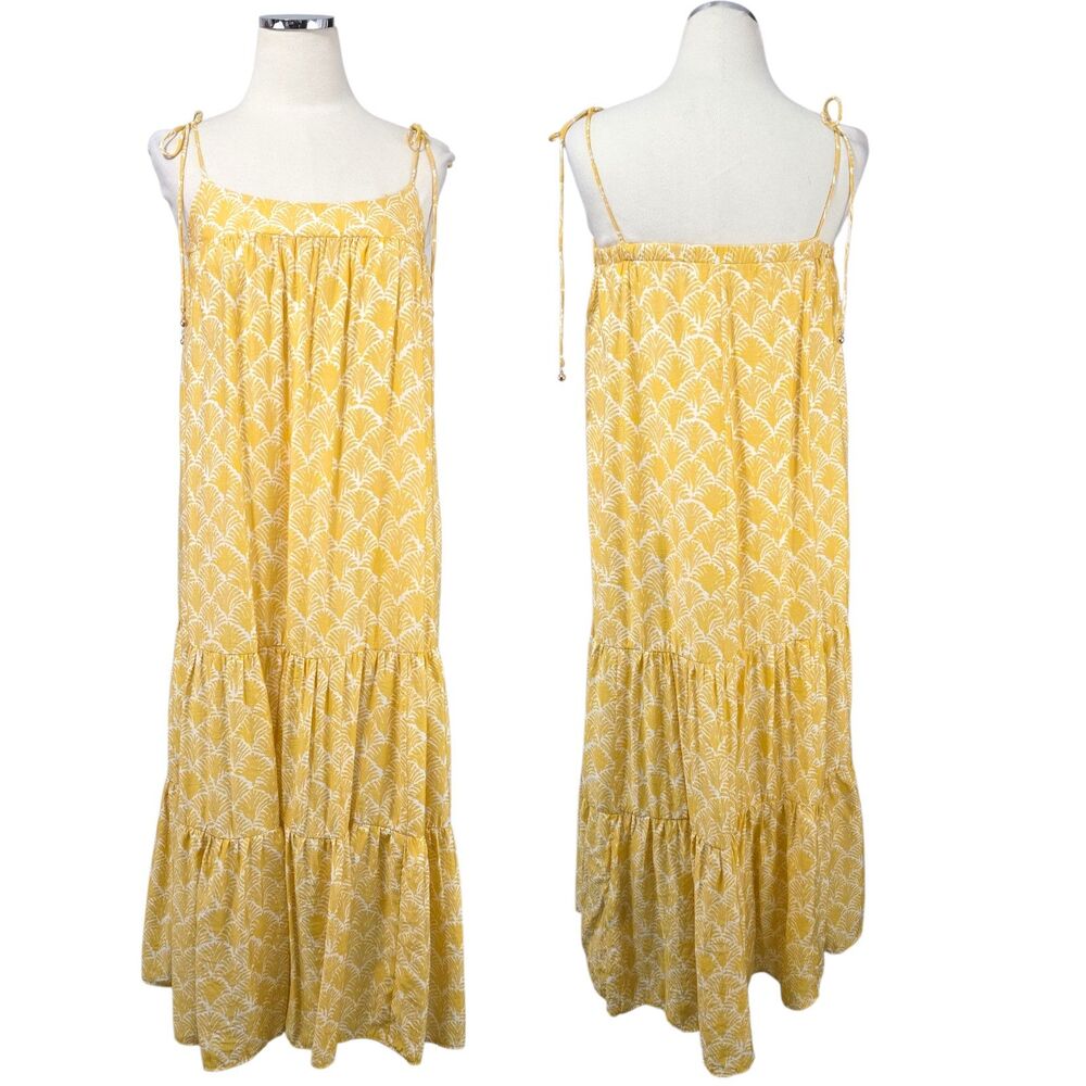 H&M Yellow White Tie Strap Tiered Maxi Dress XS Boho Cottagecore Summer Sundress